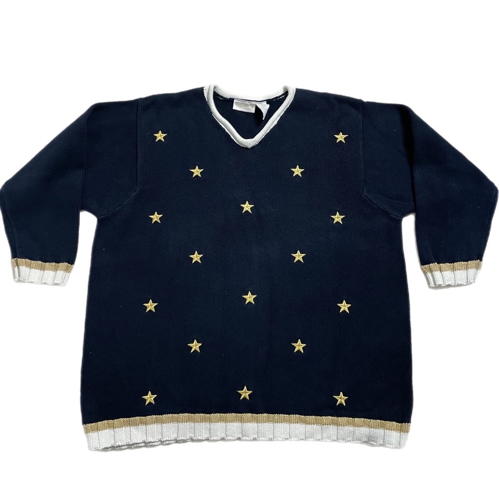 VTG Navy Blue Gold Star Embroidered Nautical Sweater 2X Americana Coastal Chunky